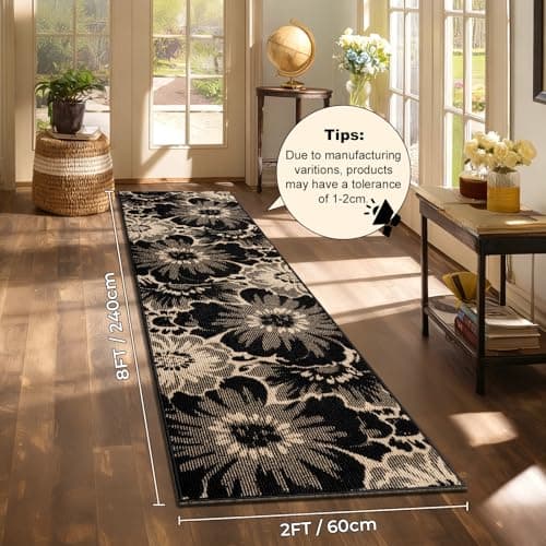 Findosom Hallway Runner Rug 2x8, Non Slip High-Low Textured Floral Washable Runner Rug with Rubber Backing, Boho Carpet Runner for Kitchen, Entryway, Bedroom, Laundry, Black & Beige - Thumbnail 2