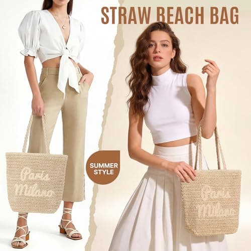 fauson Straw Beach Bags for Women - Large Straw Bag Woven Beach Tote, Summer Handmade Shoulder Handbag - Thumbnail 6