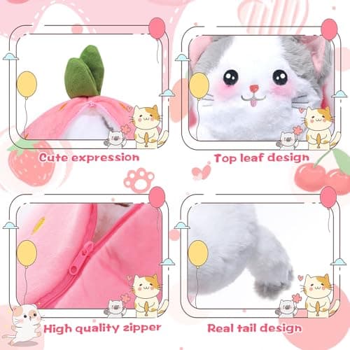 MIAODAM Easter Cat Toys, Stuffed Cat Plush, Kawaii Squishy Cute Strawberry Turn Into Cat Plush, Funny Plushies Toy for Kid & Adult (Strawberry Cat, 11.8inch) - Thumbnail 4