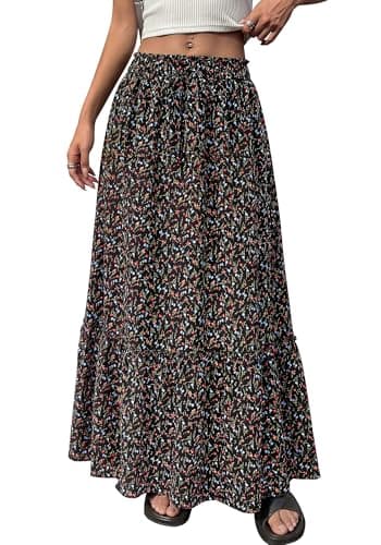BTFBM Womens Boho Maxi Skirt 2026 Summer Floral High Waisted Flowy Tiered Long Spring Beach Vacation Skirts Pockets(Floral Black Red, XX-Large) - Image 1