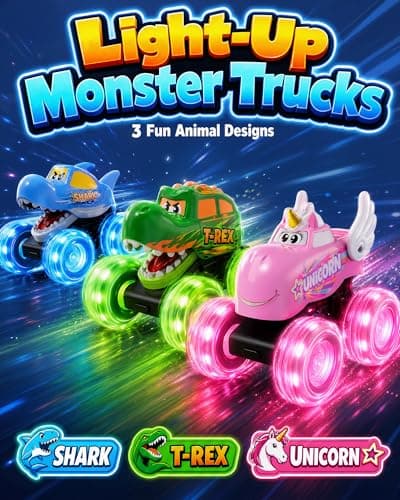 Cozycharm 3 Pack Monster Truck Toys for Toddlers, Light Up Animal Monster Trucks with Big Wheels, Friction Powered Toy Cars, Shark Dinosaur Unicorn Trucks for Boys and Girls Ages 18 Months and Up - Thumbnail 2