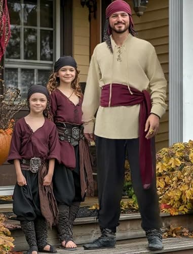 Verceco Mens Pirate Costume Outfit Renaissance Costume Men Medieval Outfit With Pirate Pants Shirts Sash Accessories (khaki, XXX-Large) - Thumbnail 4