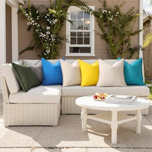 decorUhome Outdoor Waterproof Faux Linen Throw Pillow Covers 18x18 Inch Set of 2 Decorative Vibrant Farmhouse Pillow Cases with Flange Edges for Summer Couch Garden Patio Balcony Porch, Yellow - Thumbnail 4