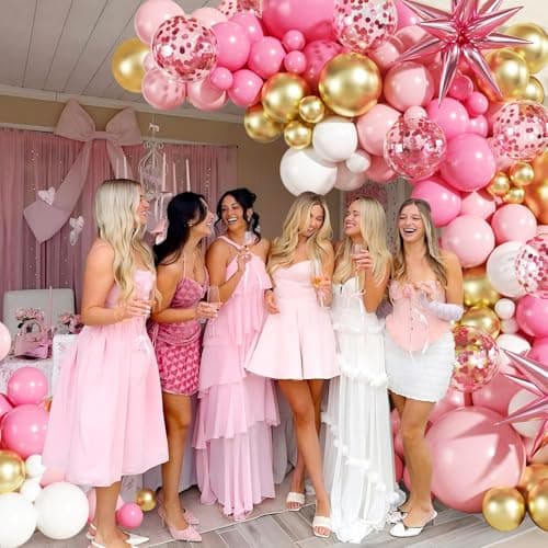 Pink White Gold Balloon Garland Arch Kit, 140Pcs Hot Pastel Pink Gold White Confetti Balloons With Stars for Birthday Wedding Birdal Shower Gender Reveal Graduation Party Decorations - Thumbnail 3