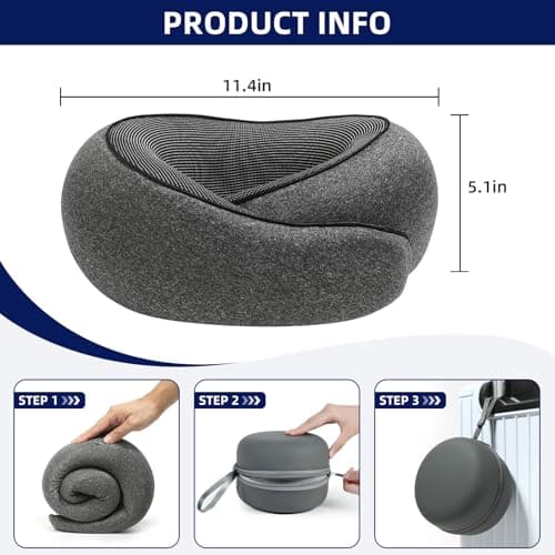 BAKLUCK Travel Pillow for Airplane Portable Memory Foam Neck Pillows Adjustable for Car Home Office Flights Travel Essentials Accessories 360° Neck Support with Compact Case, Dark Gray - Thumbnail 2