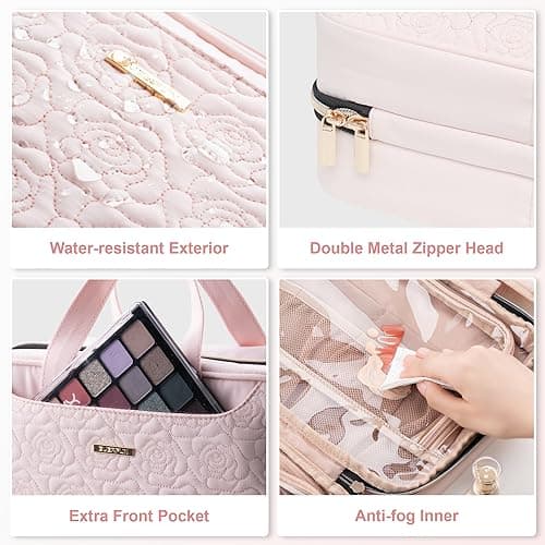 Everfun Hanging Toiletry Bag for Travel, 11x7.75x4.5 inch Medium Capacity Cosmetic Organizer with Leakproof Wet/Dry Compartment, Waterproof Dopp Kit Toiletries Bag for Women Pink - Thumbnail 6