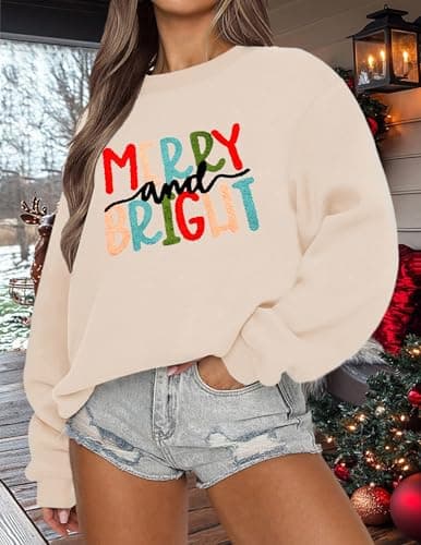 LETSEE Cute Christmas Sweatshirts for Women Merry And Bright Graphic Soft Fleece Plus Size Pullover Sweaters Winter Clothes, Apricot, XX-Large - Thumbnail 2