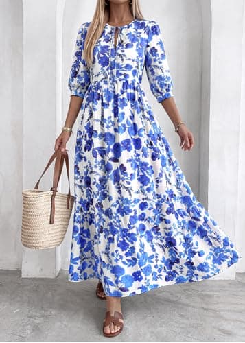 KIRUNDO Summer Dresses for Women 2026 Spring Wedding Guest Boho Floral 3/4 Sleeve Beach Vacation Cruise Flowy Maxi Dress(Blue, Small) - Thumbnail 5
