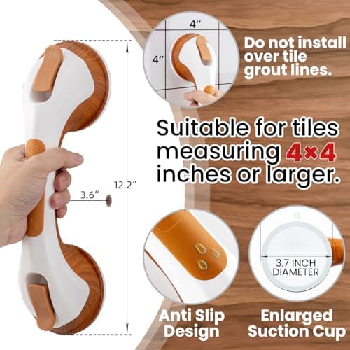 TAILI Shower Grab Bar, 12 Inch Shower Handle for Bathtubs and Elderly, Suction Grab Bars for Seniors Bathroom Safety Handles for Elderly, No Drilling Removable,Wood Grain - Thumbnail 3