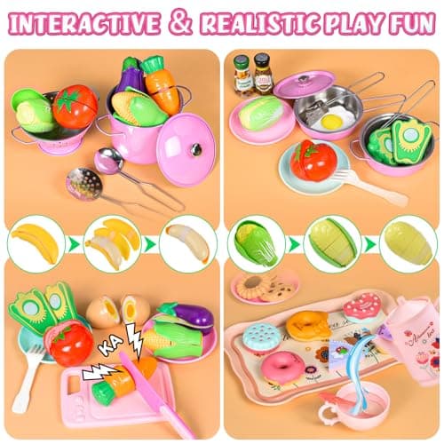 121Pcs Play Kitchen Accessories, Kids Kitchen Playset, Pretend Play Food Tea Party Set, Toy Kitchen Kids Cooking Real with Apron＆Chef Hat, Utensils Cookware Pots＆Pans, Toy Organizer, Toddler Toys Gift - Thumbnail 4