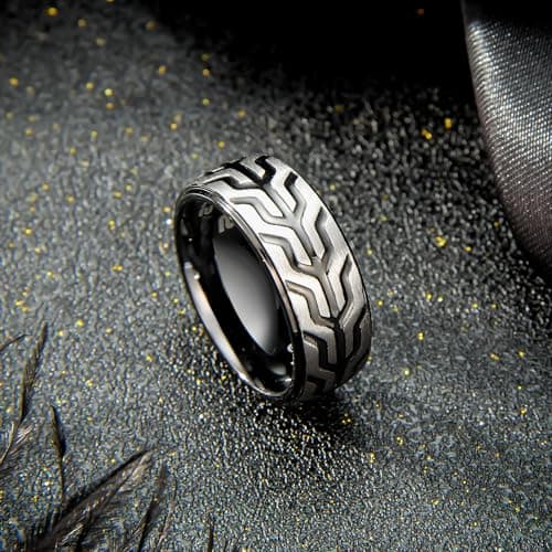 SYDNFZY Mens Wedding Band Ring - 8mm Fashion Classic Stainless Steel Engagement Promise Rings for Men Women, Cool Tire Tread Pattern Ring for Men Biker Bands Comfort Fit Jewelry Gift Ring Size 6 7 8 9 10 11 - Thumbnail 5
