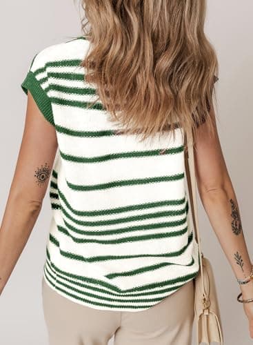 Dokotoo Striped V Neck Button Women Vest Open Front Short Sleeve Sweater for Women Fall Outfits for Women 2026 Winter Clothing Green X Large - Thumbnail 2