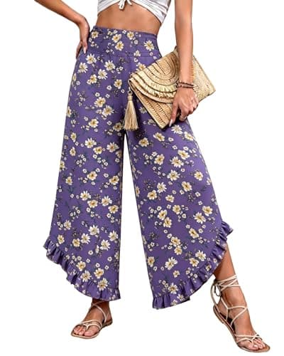 IEEILULU Wide Leg Pants for Women - Beach Pants for Women Flowy Floral Palazzo Pants High Waisted Pants Beach Vacation Outfits Purple Yellow Flower L - Image 1