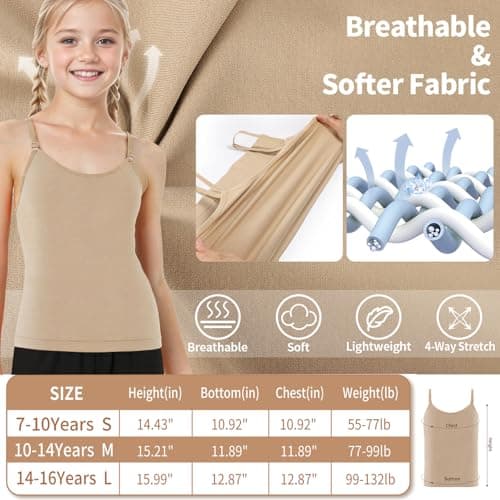 iMuchic Camisole Tank Tops for Girls, Stretch Undershirts Comfortable Camis with Clear Straps and Silicone Cover (US, Alpha, Small, Regular, Regular, Beige) - Thumbnail 2