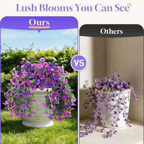 BlessedSeason 2 Pcs Artificial Hanging Flowers, UV Resistant Fake Flowers with Flexible Stems, Full Bundle Faux Flowers for Outdoor Planters, Zero Maintenance for Patio, Garden, Balcony, Double Purple - Thumbnail 3