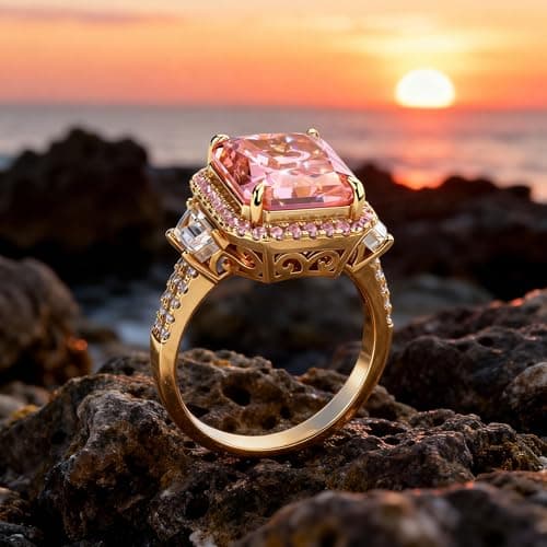 Moissa 8ct Lab Zircon Cocktail Ring 14K Gold Plated Silver Rings for Women Non Tarnish, Radiant Cut Halo Ring for Engagement Anniversary Birthday Party, Jewelry Gift for Wife Her - Peach Pink Padparadscha Sunset Glow Ring - Thumbnail 2