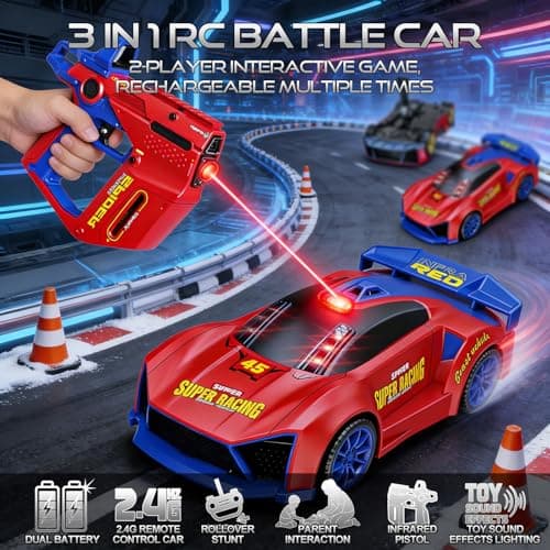 3 IN 1 Remote Control Car with Infrared Gun, 1: 24 Parent-Child Drift RC Car 2.4GHz Stunt Toys with Shooting Game, 2 Rechargeable Charge Battery, Birthday Gifts for Kids Boys Girls Age 6-12 (Red) - Thumbnail 2