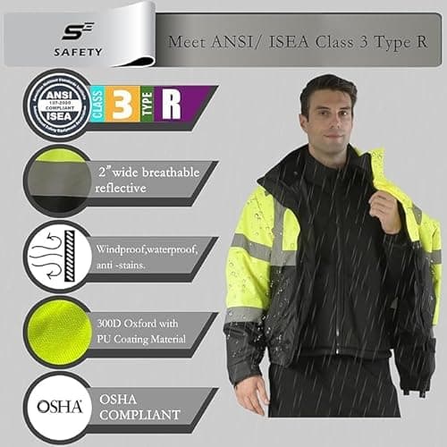 sesafety High Visibility Reflective Jackets for Men Waterproof, 3 In 1 Hi-Vis Reflective Winter Bomber Safety Rain Coat with Zipper Sweater, Construction - Thumbnail 5
