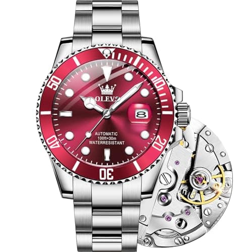 OLEVS Watch Men Luxury Red Face Automatic Self Winding Silver Stainless Steel Dress Analog Watches for Men Waterproof Casual Mechanical Luminous Wrist Mens Watches - Image 1
