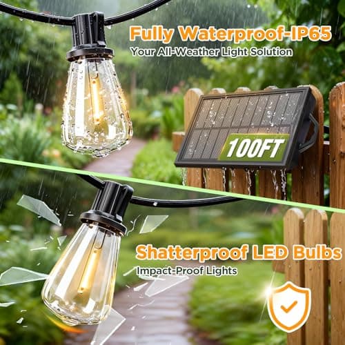 100FT Solar String Lights Outdoor Waterproof with Remote & Timer, LED Shatterproof ST38 Bulbs, USB & Solar Powered Patio Lights for Backyard, Porch, Garden, Wedding Decor, Dusk to Dawn Lighting - Thumbnail 3