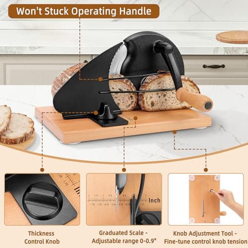 CAWIU Upgraded Manual Bread Slicer for Homemade Sourdough Bread - Adjustable Thickness Bread Cutter with Hand Crank, Suction Cups, Slicing Guide, Scale Line & Cover, for Perfect Even Slices (Black) - Thumbnail 3