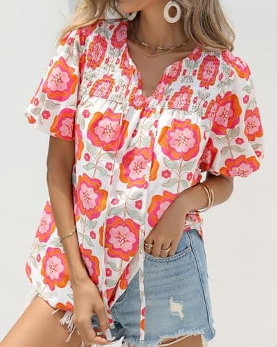 KIRUNDO Boho Tops for Women Summer 2026 Dressy Floral Blouse V Neck Drawstring Short Sleeve Shirts Beach Vacation Clothes(White Pink Flower, XX-Large) - Thumbnail 6