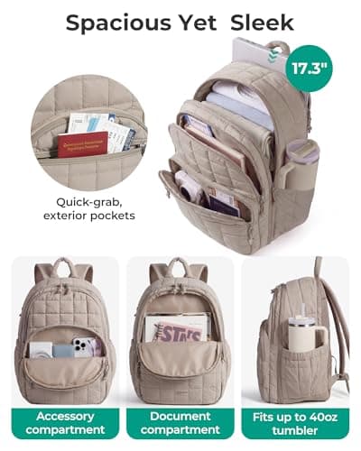 BAGSMART College Laptop Backpack, Travel Backpack for Women, Quilted Airline Approved Carry On Backpack Fits 17.3 Inch Laptop, Personal Item Travel Bag, Chocolate - Thumbnail 3