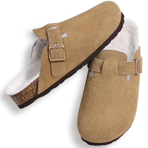KIDMI Women's Fur Lined Suede Clogs Fuzzy Cork Footbed Mules Slip On Winter Potato Shoes, Brown 45 (Size 13) - Thumbnail 6