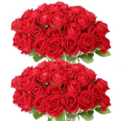 LetuoClips 50 PCS Red Roses Artificial Flowers, Fake Red Rose Bouquet, Artificial Silk Red Roses with Stems for DIY Wedding Flowers Decoration, Valentines Day Mothers Day, Bridal Bouquet Roses - Image 1