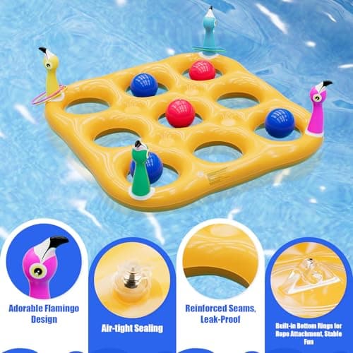 Flamingo Pool Toys Games Set, 2-in-1 Giant Inflatable Tic Tac Toe Float Game & Ring Toss Game with 10 Balls & 6 Rings, Outdoor Summer Fun Beach Yard Swimming Pool Games for Adults Teens Kids 6+ - Thumbnail 3