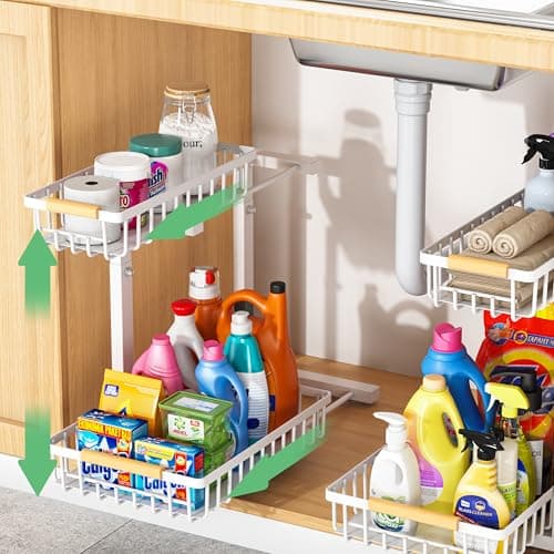 Merrylun Under Sink Organizers,5 Adjustable Height，Metal Pull Out Under Sink Organizers and Storage Shelves with Sliding Drawer (White, 2 pack) - Thumbnail 2