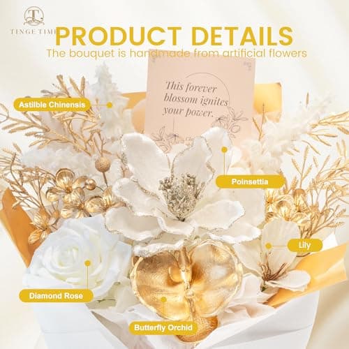 TINGE TIME Preserved Flowers Bouquet, Platinum Faux Rose Bouquets, Eternal Roses Bouquet for Wedding, Table Centerpieces, Mothers Day, Birthday Gifts, Anniversary, Graduation(White & Gold) - Thumbnail 2