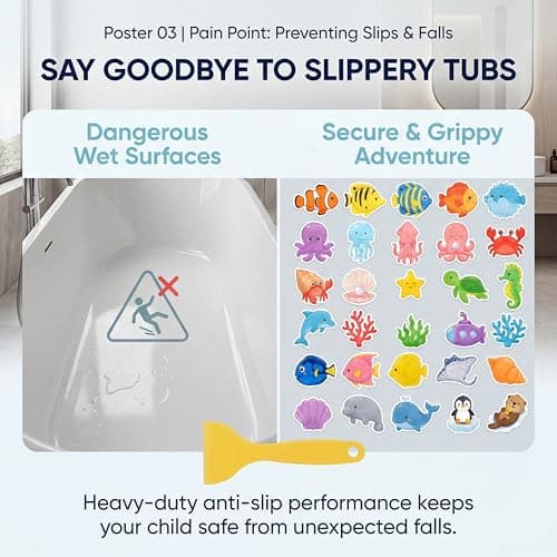 Anki HappiGo Non Slip Bathtub Stickers, 30PCS Sea Creature Anti Slip Bath Tub Treads, Adhesive Waterproof Decals for Toddler Bath & Shower Safety with Scraper - Thumbnail 2