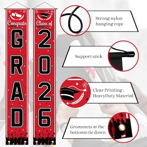 OHOME Graduation Decorations 2026 - Red Congrats Grad Porch Banner for Graduation Party Decorations - Class of 2026 - Party Favors Supplies Backdrop Yard Signs Decor - Thumbnail 3