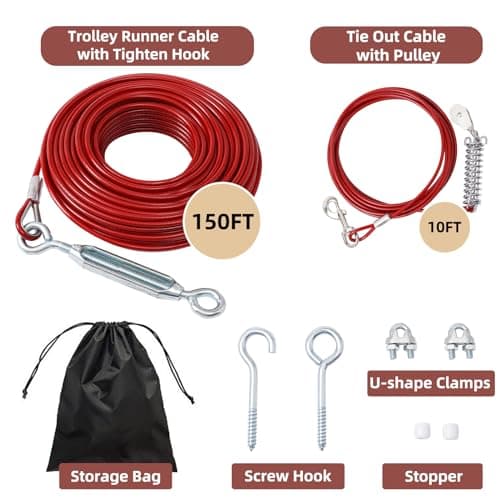 LUFFWELL 150FT Dog Runner for Yard with 10FT Tie Out Cable - Heavy Duty Dog Trolley System for Large Dogs Up to 250LBS, Backyard/Park/Camping Use (Red, 150FT+10FT) - Thumbnail 2