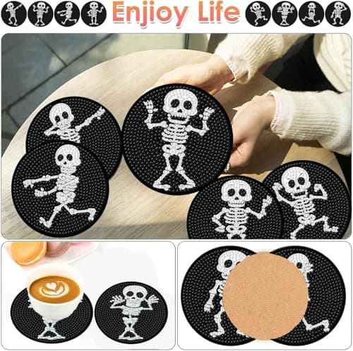 ijbnhd 8 PCS Skull Diamond Art Coasters Diamond Painting Coasters Kits with Holder Skeleton for Beginners Adults Crafts Supplies 4X4inch (Cork Wooden Pad) - Thumbnail 2