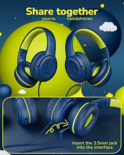awatrue Kids Headphones for School Travel, 85/94dB Safe Volume Limit, 3.5mm Jack, HD Mic, Portable Wired Headphone with Shareport, Stereo Sound On-Ear Headphones for Toddler Kids Girls Boys Bluegreen - Thumbnail 5