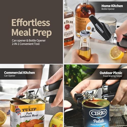 HAOCHUYI Heavy Duty Stainless Steel Smooth Edge Manual Can Opener and Bottle Openers, Soft Ergonomic Handle, Oversized Handheld Easy Turn Knob, Multifunctional Kitchen Tool, Black ﻿ - Thumbnail 5