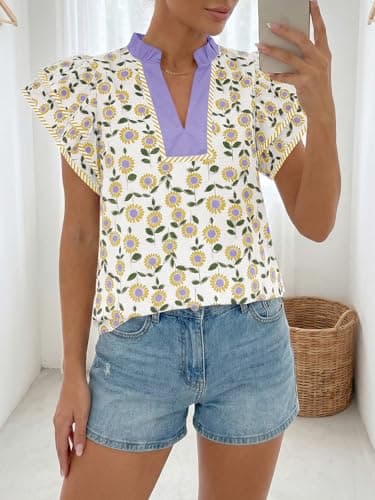Tankaneo Womens Ruffle Sleeve Floral Blouses Summer Dressy Casual V Neck Tops Loose Fit Pleated Flowy Shirts Yellow - Thumbnail 3