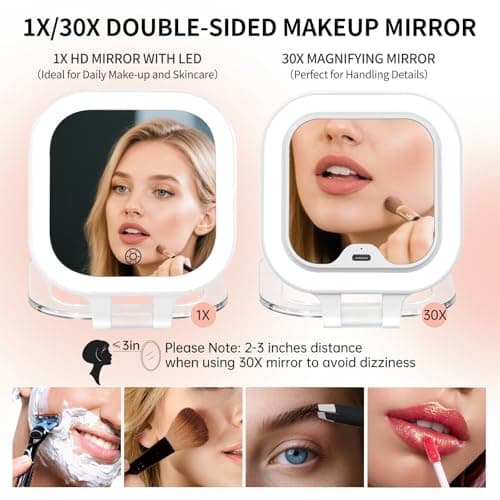 FUNTOUCH Rechargeable Travel Makeup Mirror, 30X/1X Rechargeable Double Sides Magnifying Mirror with 3 Light Settings & Adjustable Brightness,Compact Mirror with PU Bag Valentine's Day Gift, White - Thumbnail 4