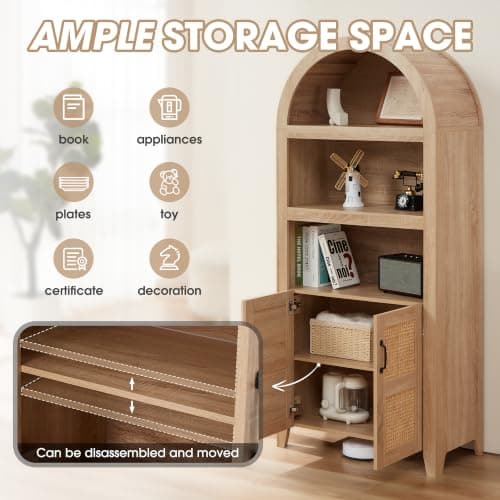 HABUTWAY 72'' Arched Storage Cabinet with Beech-Rattan Door, Tall Bookshelf with Adjustable Shelves, Modern Farmhouse Wooden Bookcase Kitchen Pantry Cabinet for Living Room, Natural - Thumbnail 3