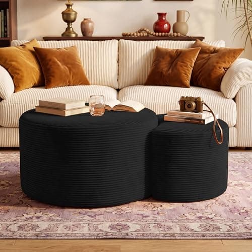 BSHOMGI Nesting Coffee Table Set of 2, Upholstered Round Corduroy Circle Foam Round Side Table for Living Room, Entryway Set, 32"+17" Footrest No Assembly (Black, 32"+17") - Image 1