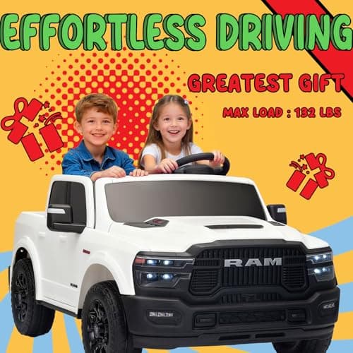 KerryYoo SQ7 Licensed RAM 24V Kids Electric Car Ride On Toys with Parent Remote Control, Spring Suspension, Storage Bed, Off-Road Electric Truck - White - Thumbnail 6