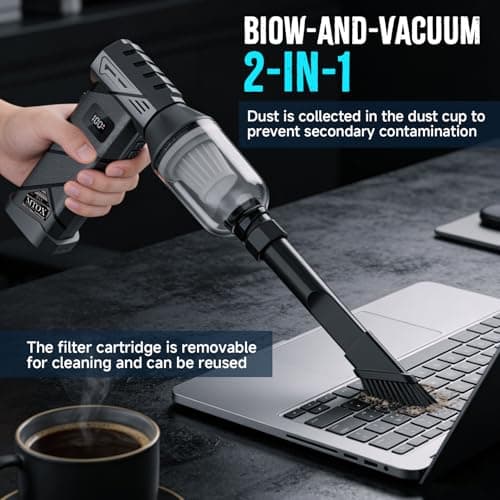 MTOX Compressed Air Duster, 150,000RPM Super Power Rechargeable Electric Air Duster, Blower, 2in1 Vacuum, 4-Gear Adjustable,2 Swappable Battery, LED, for Keyboard, PC, Car, Home (Frosted Black) - Thumbnail 6