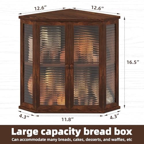 WouZglk Extra Large Corner Bread Box for Kitchen Countertop, 16.5 Inch Charred Pine 2-Tier Breadbox with Glass Wavy Door Panel, Vintage Farmhouse Style Wood Design (Pine Wood) - Thumbnail 3