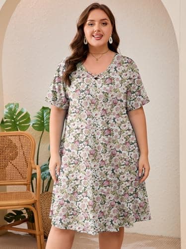 AusLook Plus Size Midi Dress for Women Floral Pink 4X Short Sleeve V Neck Criss Cross A Line Summer Casual Vacation Dress T-Shirt 2026 Sundresses with Pockets - Thumbnail 4