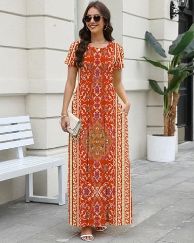 COSSEN Women’s Crewneck Short Sleeve Maxi Dress Red Boho Printed Medium with Pockets – Casual Loose Swing Sundress for Wedding Guest, Beach & Vacation - Thumbnail 5