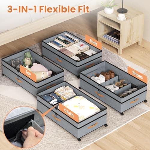 Mqaue Storage Box,Under Bed Storage with Wheels 72L XXL Under the Bed Storage Containers Large, 10‘’ Tall Adjustable Storage for Underbed with Lids, Rolling for Shoes, Clothes, Blankets, Grey - Thumbnail 5