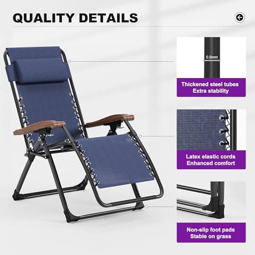PURPLE LEAF Oversized Outdoor Reclining Chair Patio Zero Gravity Chaise Lounge Folding Chair with Removable Cushion Adjustable Headrest for Lawn Camping Beach Pool Navy Blue - Thumbnail 6