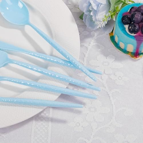 LIYH 150 Pcs Baby Blue Plastic Cutlery Sets - Light Blue Plastic Silverware Heavyduty, Disposable Utensil Sets, 50 of Each Forks, Knives & Spoons Flatware Set for Party Birthday Easter - Thumbnail 4